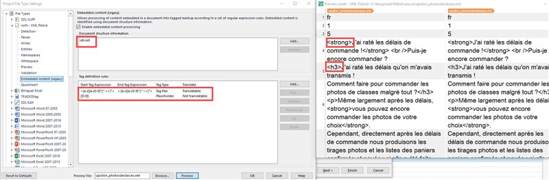 Trados Studio File Type Settings window showing an error message 'Embedded content (tags)'.