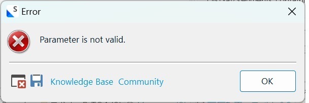 Error dialog box in Trados Studio with the message 'Parameter is not valid.' and buttons for 'Knowledge Base' and 'Community'.