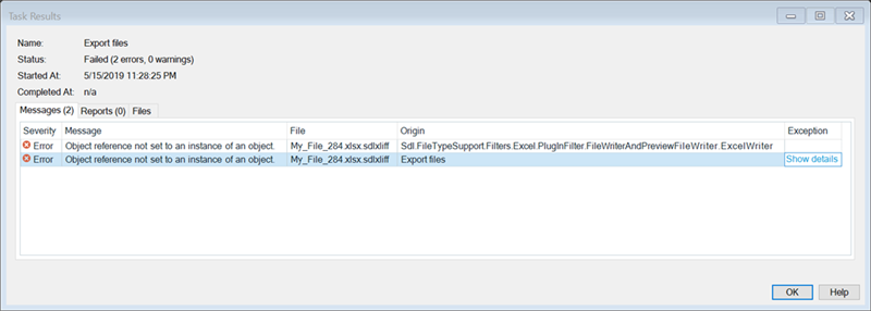 Task Results window showing the 'Export files' task has failed with 2 errors, both stating 'Object reference not set to an instance of an object.' related to 'My_File_284.xlsx.sdlxliff' in the 'Export files' and 'Sdl.FileTypeSupport.Filters.Excel Plugin' origins.