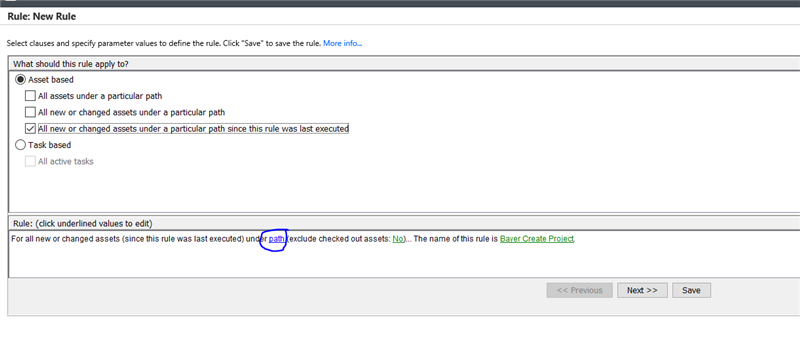 Trados Studio screenshot showing the 'New Rule' setup with 'Asset Based' selected and a note for 'All new or changed assets since this rule was last executed'. Rule name is 'Rule: Create Project'.