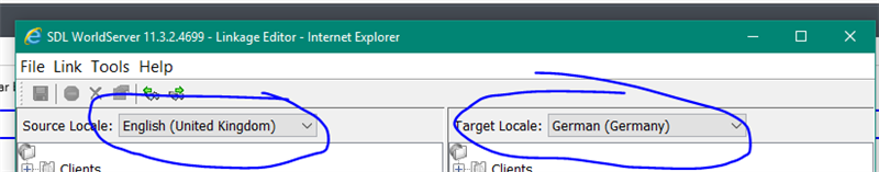 Trados Studio Linkage Editor window with 'Source Locale' set to 'English (United Kingdom)' and 'Target Locale' set to 'German (Germany)'.