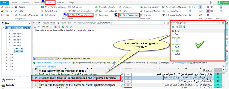 Screenshot of Trados Studio interface showing the Editor view with a highlighted search result for 'traction on the extended and supinated forearm' and an arrow pointing to the restored 'Term Recognition' window.