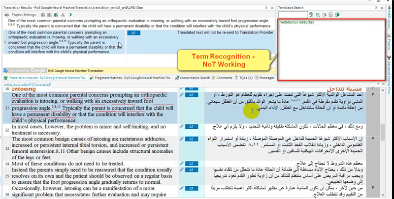 Screenshot of Trados Studio interface showing a source segment with terms underlined in red, indicating term recognition issue. TermBase Search panel is open with no results displayed.