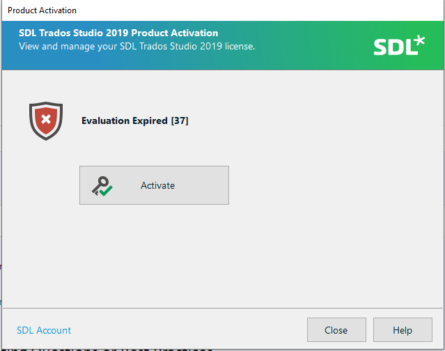 SDL Trados Studio 2019 Product Activation window showing an error message 'Evaluation Expired 37' with an Activate button available.