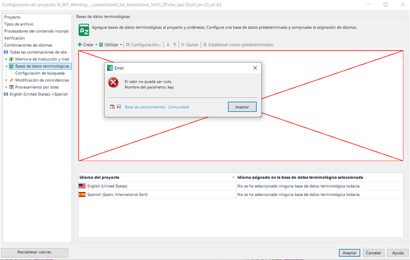 Trados Studio error message saying 'El valor no puede ser nulo. Nombre del parametro: key' with an 'Aceptar' button, indicating an issue with a null value for a key parameter.