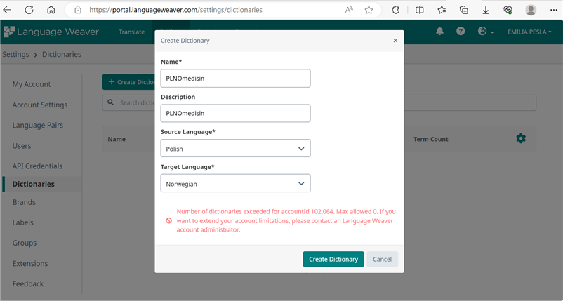 Language Weaver 'Create Dictionary' dialog box with an error message stating the number of dictionaries exceeded for account id 102,064.