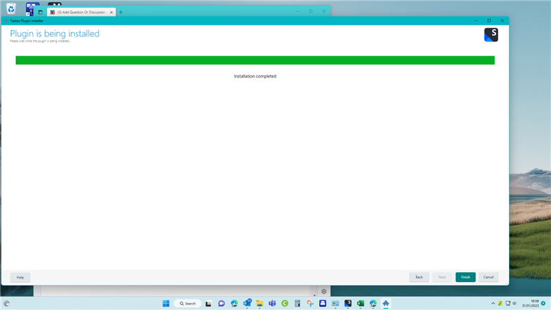 Plugin installation window with a green progress bar indicating 'Installation completed' but no other details or confirmation messages.