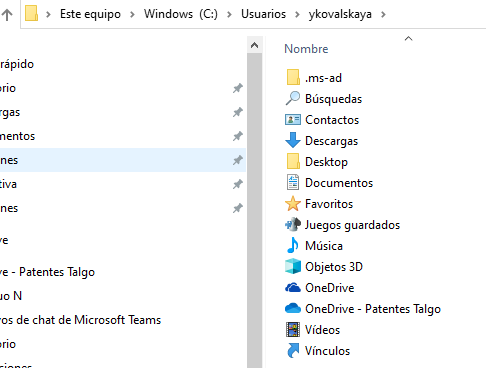 Screenshot of a Windows file explorer showing a user's directory with folders such as Desktop, Documents, Downloads, and OneDrive.