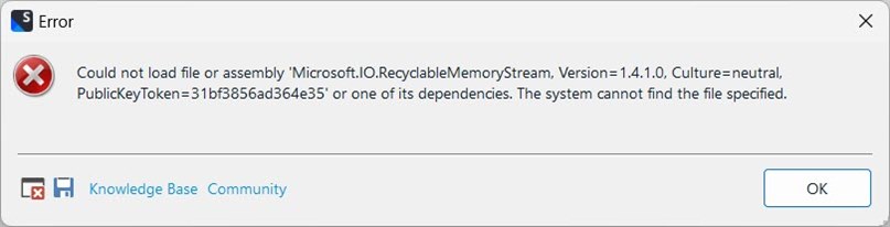 Error dialog box in Trados Studio showing 'Could not load file or assembly Microsoft.IO.RecyclableMemoryStream, Version=1.4.1.0' with an OK button.