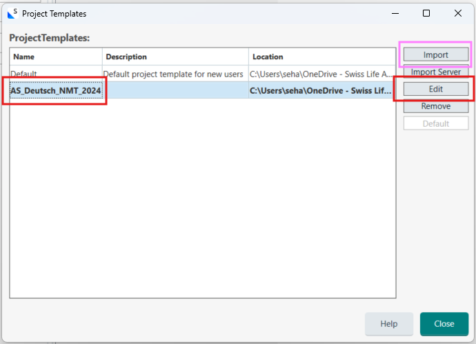 Project Templates window showing a list of templates, with 'AS_Deutsch_NMT_2024' highlighted and 'Edit' button outlined.