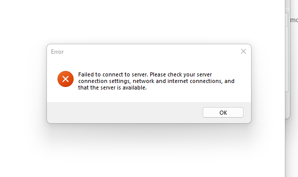 Error message in Trados Studio stating 'Failed to connect to server. Please check your server connection settings, network and internet connections, and that the server is available.' with an OK button.