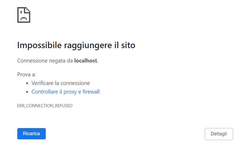 Error message in Italian stating 'Impossible to reach the site. Connection denied by localhost' with error code ERR_CONNECTION_REFUSED.