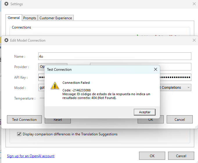 Screenshot of an application's settings window with a 'Connection Failed' error dialog box. Error code -2146233088 and message 'El codigo de estado de la respuesta no indica un resultado correcto: 404 (Not Found)' in Spanish.