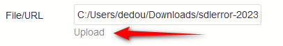 Trados Studio screenshot showing a FileURL input field with a file path 'C:UsersdedouDownloadsdlerror-2023' and an 'Upload' button with a red arrow pointing towards it.