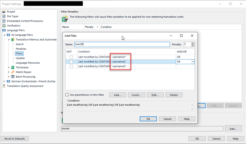 Trados Studio Project Settings window showing Filter Penalties section with a penalty of 3% set for translation units last modified by 'username1', 'username2', or 'username3'.