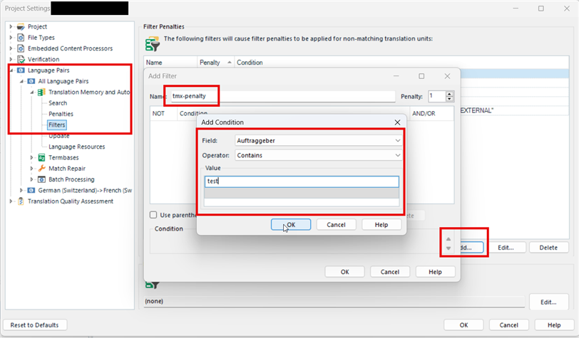 Project settings window with 'Filters' under 'Language Pairs' highlighted, showing a filter named 'tmx-penalty' and a condition where 'Auftraggeber' contains 'test'.