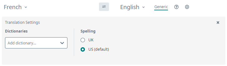 Screenshot of Trados Studio's translation settings showing language selection dropdowns for French to English, with US spelling selected as default.