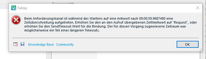 Error message in Trados Studio stating a timeout occurred after 00:00:59.9687480 while waiting for a server response, suggesting to increase the 'Request' timeout value or the SendTimeout value for the connection.