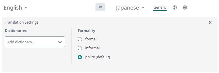 Screenshot of Trados Studio's translation settings showing language selection dropdowns for English to Japanese, with polite formality selected as default.