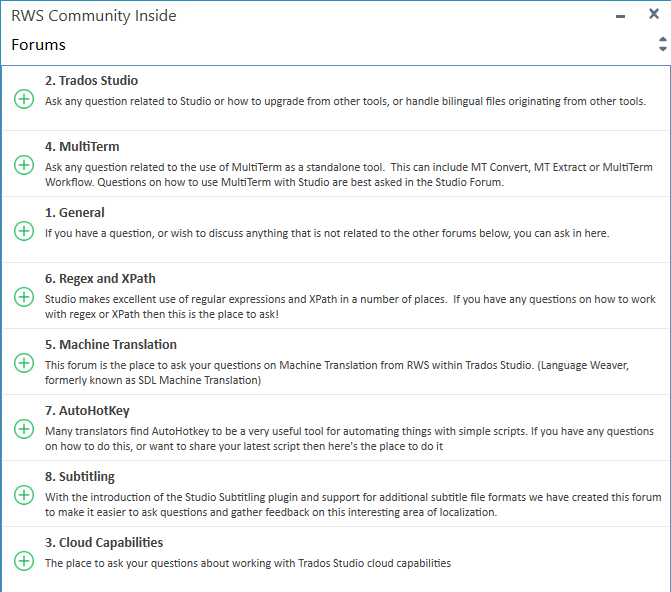 Screenshot of RWS Community Inside forums page, showing categories such as Trados Studio, MultiTerm, General, Regex and XPath, Machine Translation, AutoHotKey, Subtitling, and Cloud Capabilities.