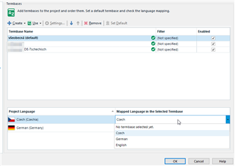 Trados Studio screenshot showing the TermBase settings with 'No termbase selected yet' in the Mapped Language column for Czech language.