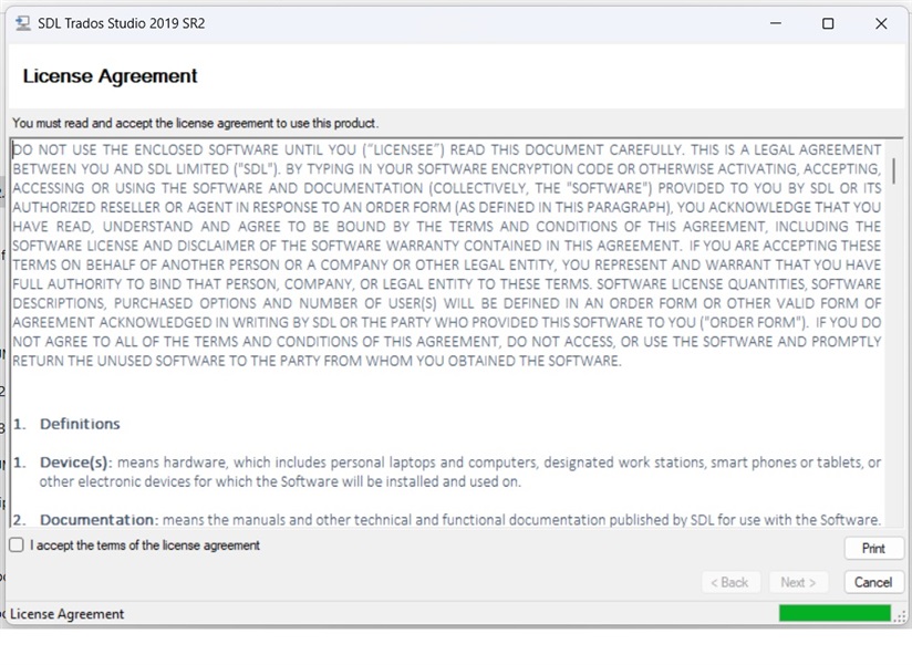 Screenshot of Trados Studio 2019 SR2 License Agreement window with text to read and accept, and checkboxes for 'I accept the terms of the license agreement'.