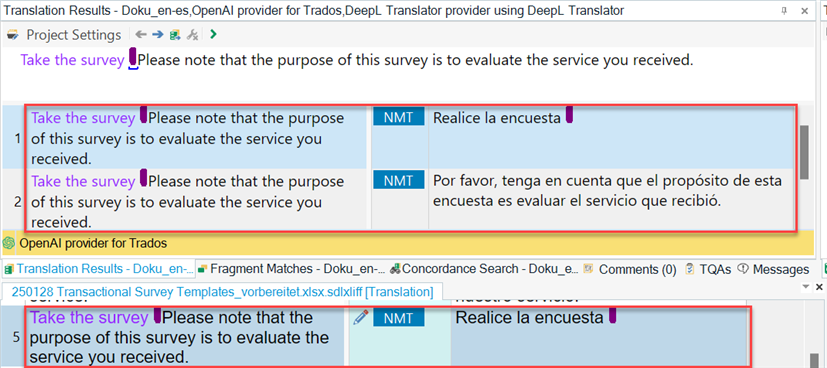 Screenshot of SDL Trados software showing translation results with segment 5 split into two parts, highlighted in red and blue.