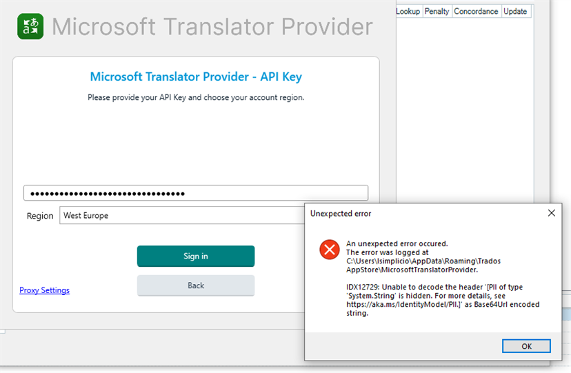 Screenshot of an error message in the RWS AppStore Applications. The error dialog box reads 'An unexpected error occurred. The error was logged at C:UsersSimpli...AppDataRoamingTrados AppStoreMicrosoftTranslatorProvider. IDX12729: Unable to decode the header 'PII of type 'System.String' is hidden. For more details, see https:aka.msIdentityModelPII.' as Base64Url encoded string.'
