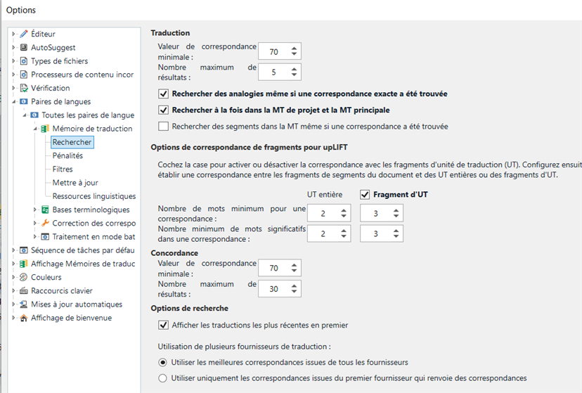 Screenshot of Trados Studio translation settings with fragment matching and search options for translation memory.