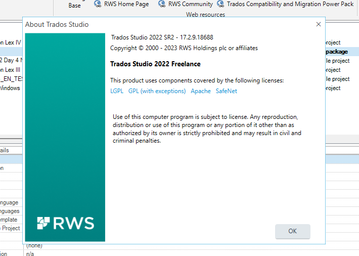 Screenshot of the 'About Trados Studio' dialog box showing the version as Trados Studio 2022 SR2 - 17.2.9.18688 and copyright information for RWS Holdings plc.