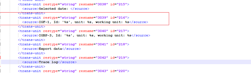 Screenshot of an XML code snippet from Trados Studio with red boxes highlighting translation unit IDs '216' and '217' for segments related to working units.
