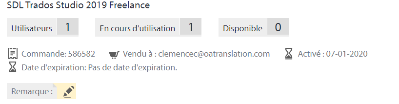 Trados Studio 2019 Freelance license management screen showing 1 user, 1 in use, 0 available. Order number, sold to, activation date, and no expiration date are visible. A warning symbol is present in the remarks section.