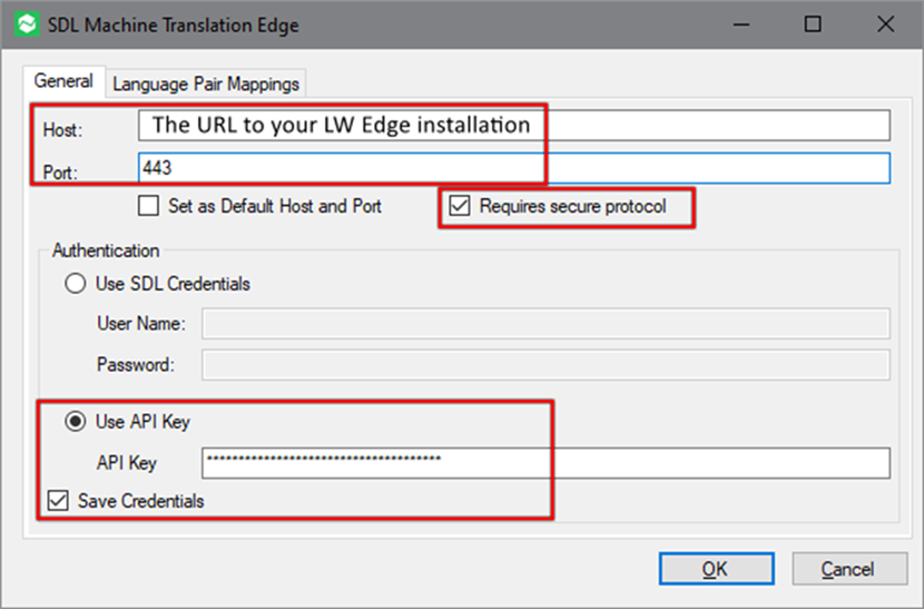 SDL Machine Translation Edge settings window with fields for Host, Port, and API Key. The 'Requires secure protocol' option is checked and 'Use API Key' is selected.