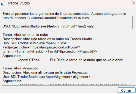 Trados Studio error message in Spanish stating 'Error al procesar los argumentos de l nea de comandos: Acceso denegado a la ruta de acceso C:UsersUsuarioDocumentsMi m sica'.