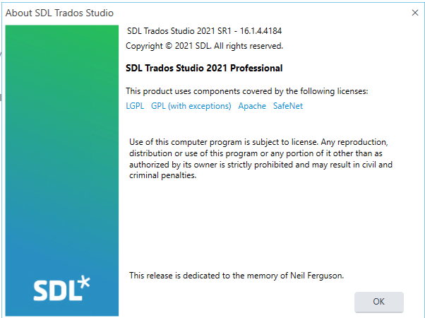 About SDL Trados Studio dialog box showing version 2021 SR1 - 16.1.4.4184 with copyright and license information.