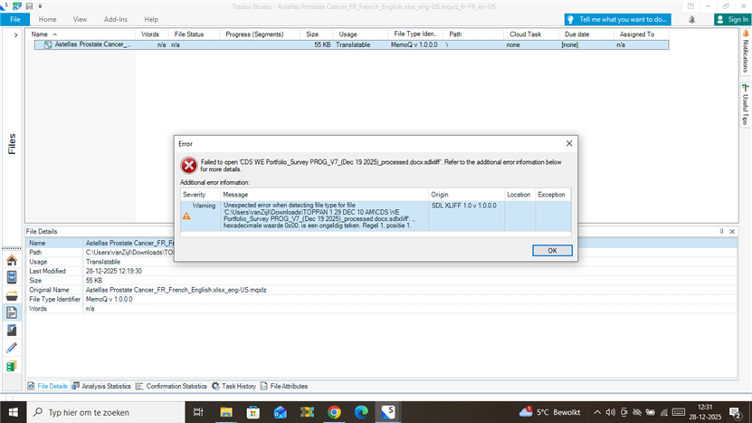 Error message in Trados Studio stating 'Failed to open CDS WF Portfolio Survey PROG V7 Dec 19 2025 processed docx.sdlxliff'. Additional error information mentions 'hexadecimal value 0x00 is an invalid character. Row 1, position 1.'