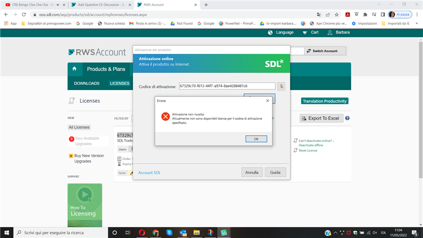 Screenshot of Trados Studio activation error message stating 'Activation not successful. No available licenses for the product code specified.' with an OK button.