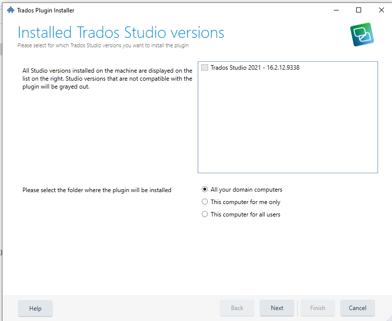 Trados Plugin Installer window showing Installed Trados Studio versions with Trados Studio 2021 - 16.2.12.9388 grayed out indicating incompatibility.