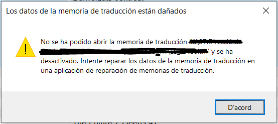Error message in Trados Studio stating 'The translation memory data is damaged' with a warning icon and a suggestion to repair the data using a translation memory repair application.