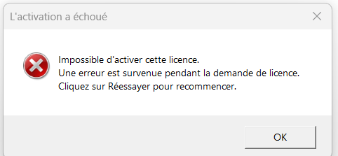 Error message stating 'Impossible to activate this license. An error occurred during the license request. Click Retry to restart.'