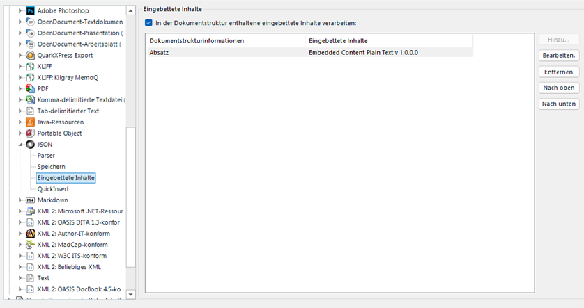 Trados Studio settings window showing file types and embedded content options in German language.
