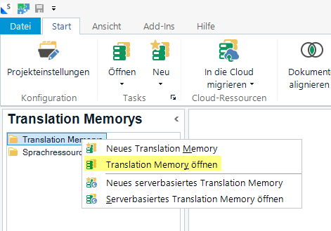 Trados Studio Translation Memories view with options to create a new memory or open an existing one.