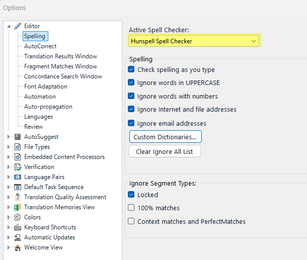 Screenshot of software options menu showing 'Editor' settings with 'Spelling' sub-menu expanded. 'Active Spell Checker' is set to 'Hunspell Spell Checker'.