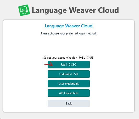 Language Weaver Cloud login screen with options for RWS ID SSO, Federated SSO, User credentials, and API Credentials. Account region selection is highlighted with a red arrow pointing to EU and US options.