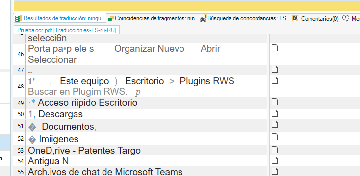 Screenshot of Trados Studio translation results window with a list of file paths and names, indicating a possible OCR translation task.