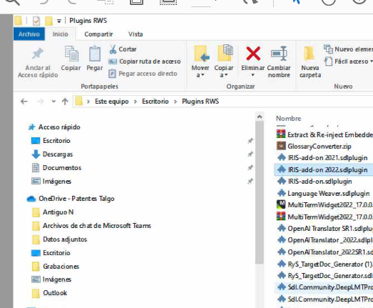 Screenshot of Trados Studio file explorer showing the Plugins RWS folder with various plugins listed, including IRIS add-ons.