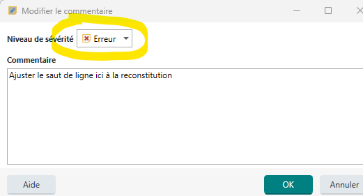 Screenshot of a Trados Studio comment editing window with 'Niveau de severite' dropdown set to 'Erreur' highlighted in yellow.