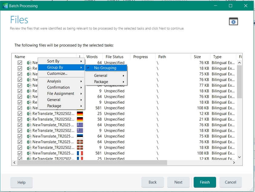 Screenshot of Trados Studio batch processing window with files named 'NewTranslate' and 'ReTranslate', showing columns for words, file status, and progress, with 'Unspecified' file status.