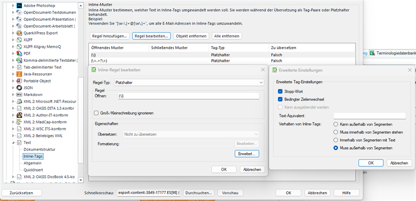 Trados Studio advanced settings window with options for inline pattern rules and translation settings in German.