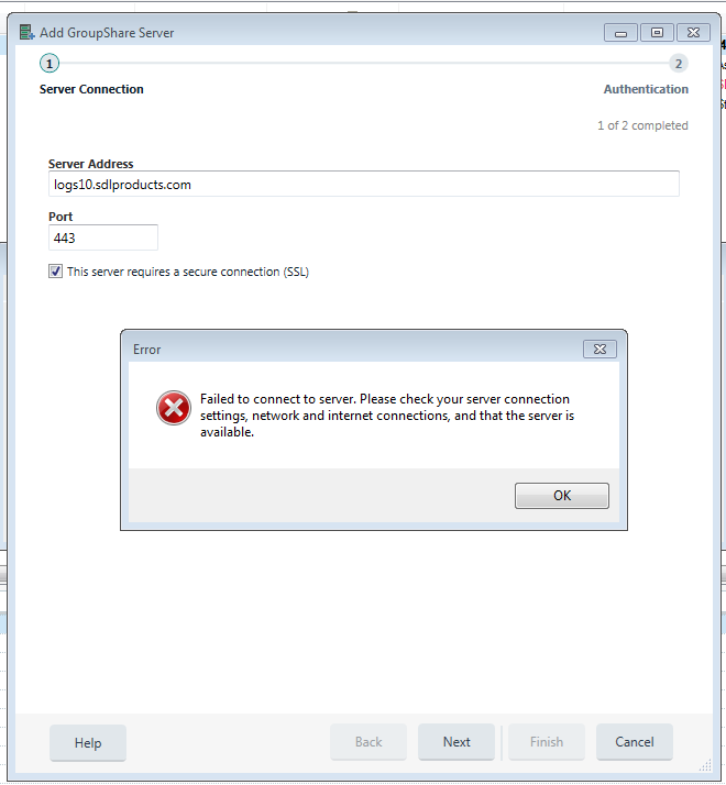 Trados Studio Add GroupShare Server dialog showing an error message 'Failed to connect to server. Please check your server connection settings, network and internet connections, and that the server is available.'